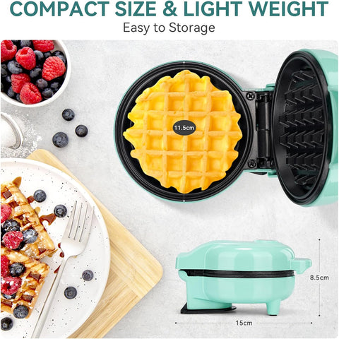 Snailar Mini Waffle Maker – 550W Compact Waffle Iron, Nonstick Coating, Ready Indicator Light, Cool Touch Handle, Easy Clean, Green
