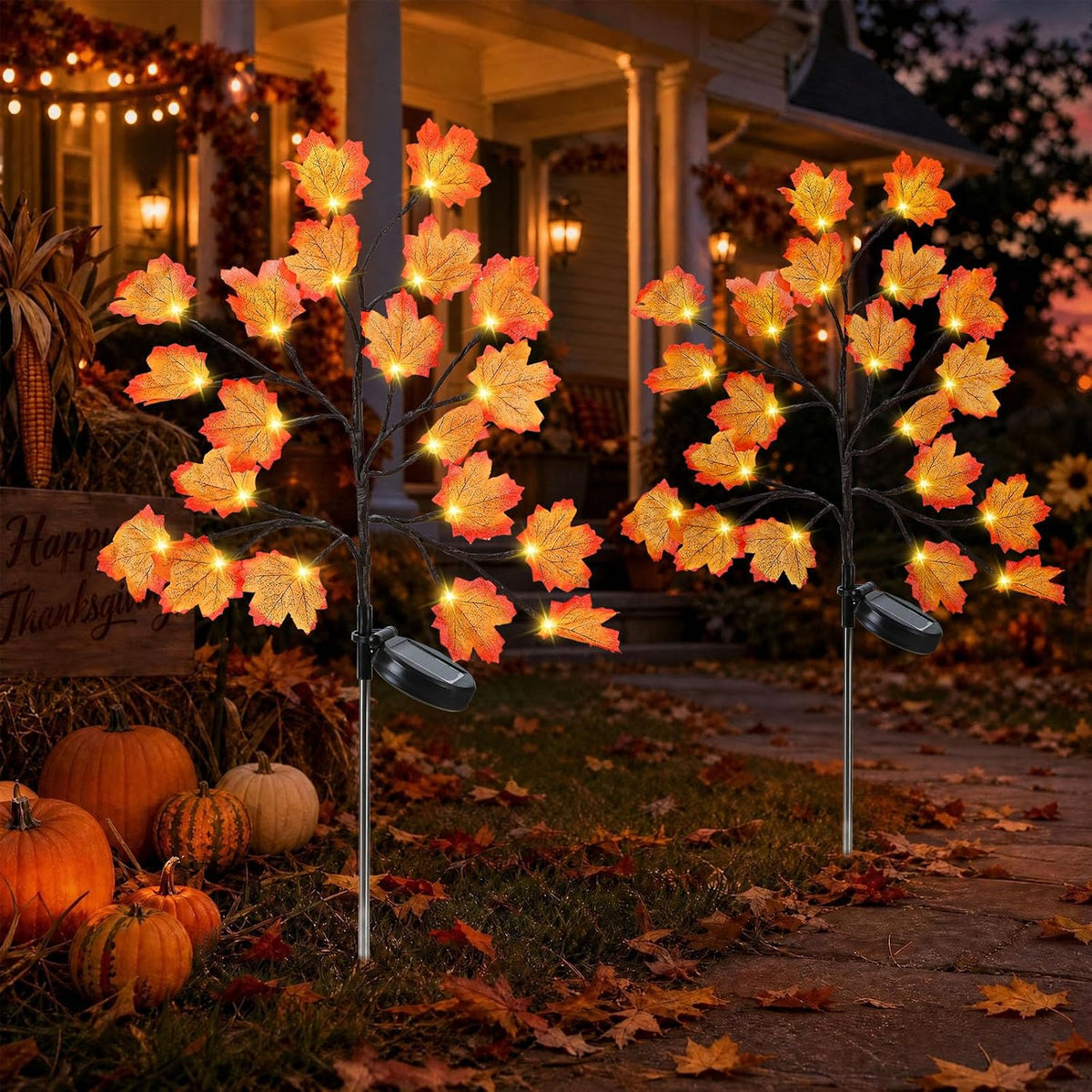 2 Pack Solar Fall Lights Outdoor Decoration 40 LED Orange Fall Lights with Maple Leaves, Outdoor Pathway Light, Solar Lights for