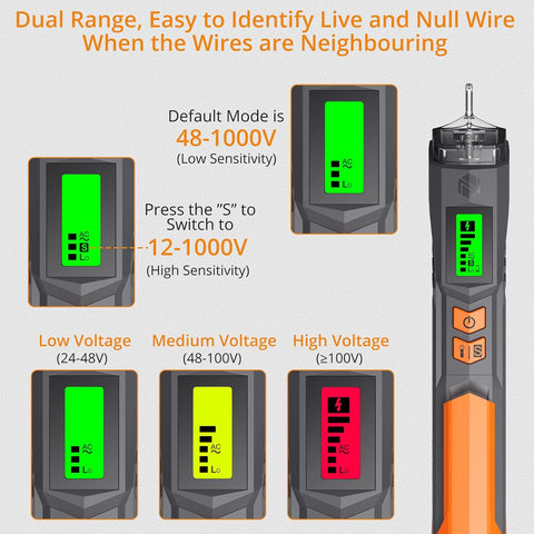 Neoteck Non Contact Voltage Tester Pen 12–1000V Adjustable Sensitivity AC Detector With LCD Display, Buzzer Alarm & LED Flashlight Grey
