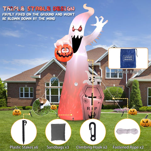 12FT Halloween Inflatable Ghost with RGB Lights & Scary Sound Outdoor