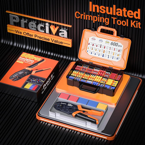 Preciva 600-Piece Professional Crimping Tool Set, Includes Crimper Tool for 0.5-6mm² Wires (AWG 20-10), 490 Insulated Ferrules, 190 Heat Shrink Tubings & 2-Layer Toolbox, for Electrical Maintenance