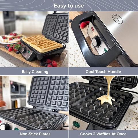 Two Slice Deep Fill Waffle Maker – Non-Stick Plates, Adjustable Temperature, Stainless Steel, Cool Touch Handle, 1000W UK