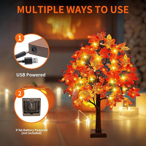Maple Tree Autumn Lights with 74 LEDs, Autumn Tree 66 cm Autumn Decorations Autumn lights, Warm Light, Fall Decorations, USB & Battery Twig Tree with Lights, for Table Indoor Home Autumn Decorations