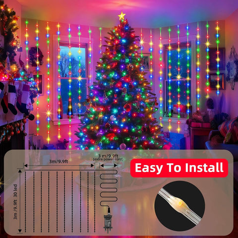 300 LED Christmas Curtain Lights 3m x 3m Multicolour - Waterproof Plug-In Fairy Lights with Remote, Timer & 8 Modes for Indoor & Outdoor Decorations - Turn Any Space Into a Celebration
