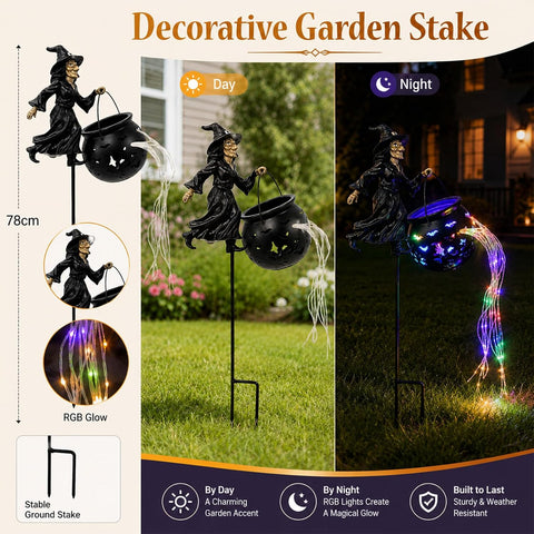 3D Witch Cauldron Garden Stake Light, Metal Iron Art Halloween Yard Ornament, Dimensional Ground Plug Decor for Flower Beds Pathways Patio Indoor Themed Decoration，2PCS