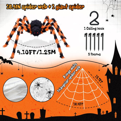 BOSONER Giant Spider Web Halloween Decorations with 50-Inch Large Spider & 16.4 × 15.7 ft Web – Outdoor Halloween Decorations for Gardens, Front Doors, Parties & Haunted Houses