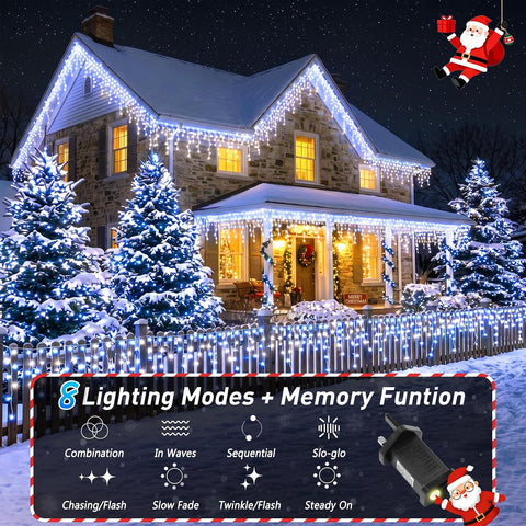GlobaLink Christmas Icicle Lights 10M 400 LED Connectable Blue White – Outdoor Christmas Fairy Lights with Timer, 8 Modes & IP44 Water Resistance - Turn Plain Eaves Into a Winter Glow