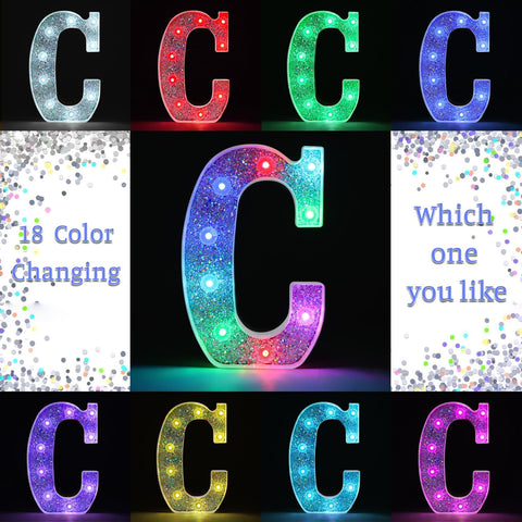 C Style Color Changing LED Letter Light, Glitter Marquee Lamp with 18 Colors, Remote Controlled, Battery Powered Decorative Letter Light for Party, Wedding, Birthday and Home Decor