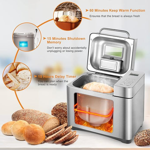 19-in-1 Stainless Steel Bread Maker with Nut Dispenser – 2.2LB Large Bread Machine, Nonstick Pan, LCD Touch Panel, Gluten Free