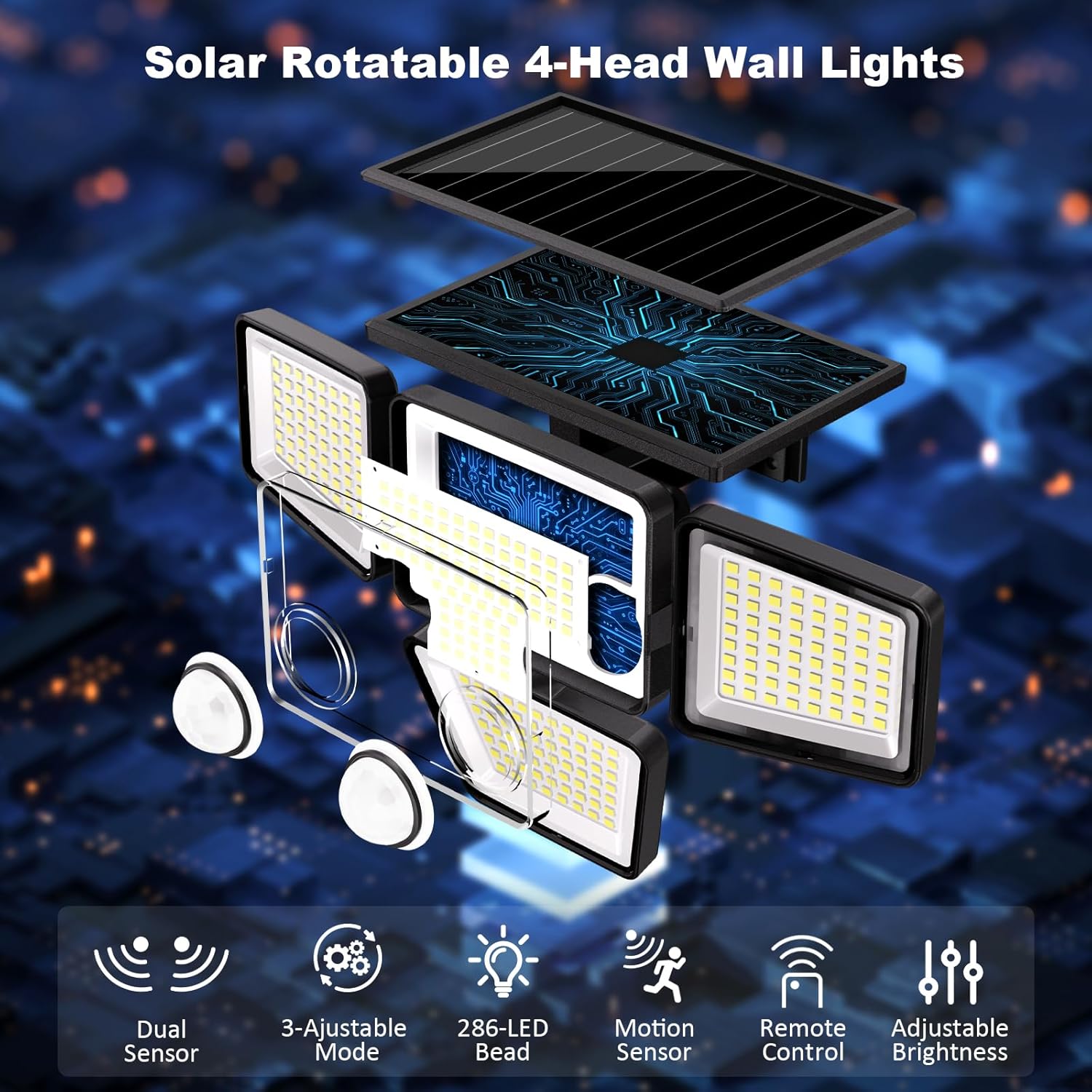Solar rotatable 4-head wall lights with solar panel on a blue circuit board background