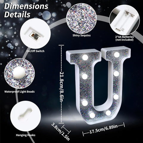 Letter U Style LED Marquee Lamp, Silver Glitter Light Up Letter Sign, Battery Powered Tabletop Decorative Marquee Light with On/Off Switch for Wedding, Birthday, Party and Home Decor