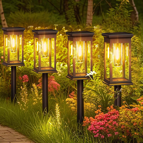 Hqynss Solar Garden Lights Outdoor, 4 Pack Upgraded Tungsten Glow LED Pathway Lights, IP65 Waterproof, Auto On/Off, Adjustable Height for Garden, Patio, Yard, Walkway, Warm White