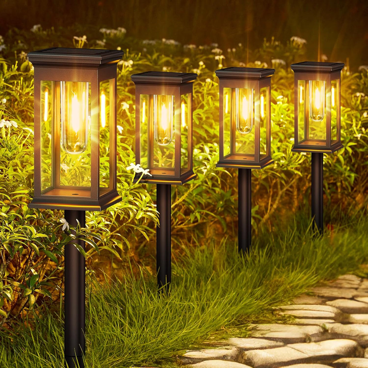 KOOPER Solar Lights Outdoor Garden, 4 Pack Upgraded Garden Lights Solar Powered Waterproof, Auto On/Off Outdoor Light for Yard Pathway Patio Decorative Lawn