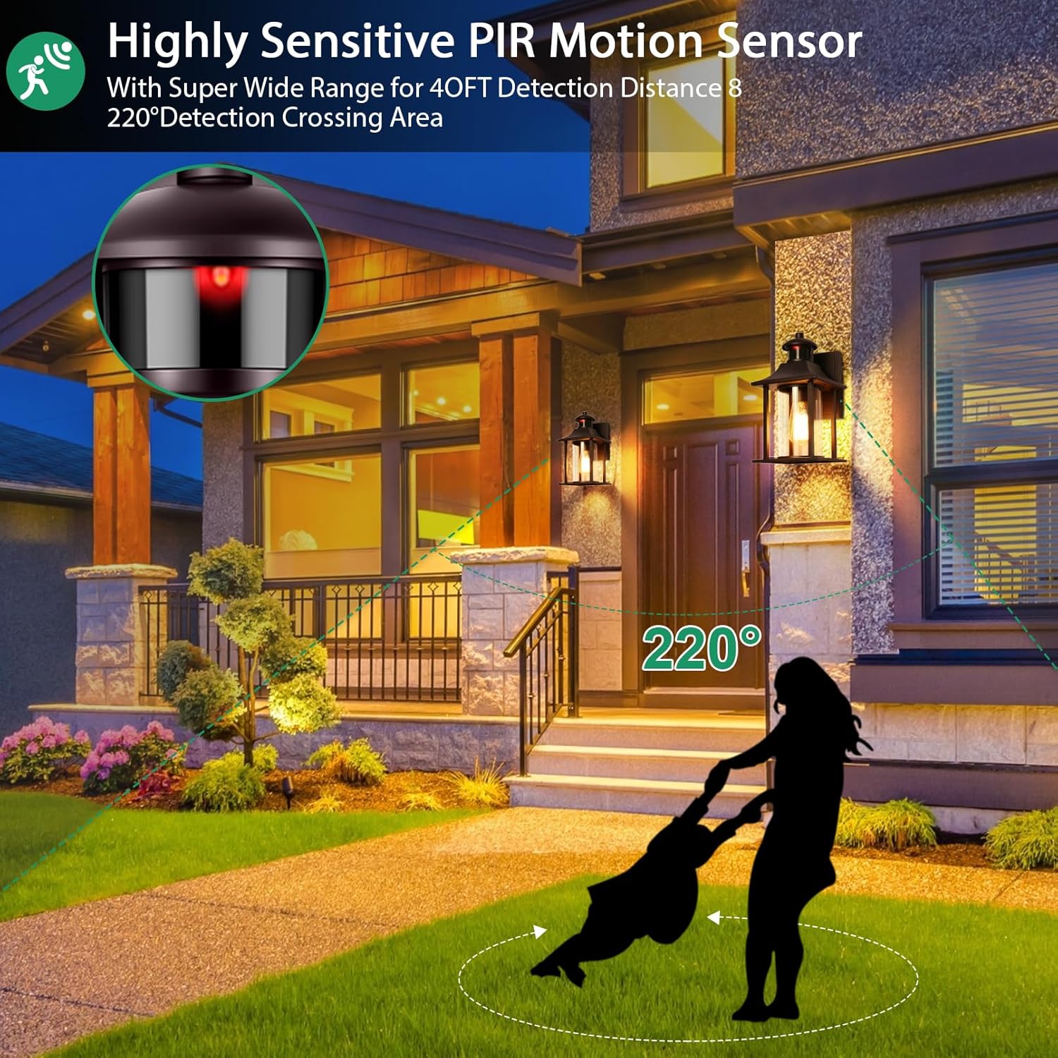 Highly sensitive PIR motion sensor with a wide detection range in front of a house.