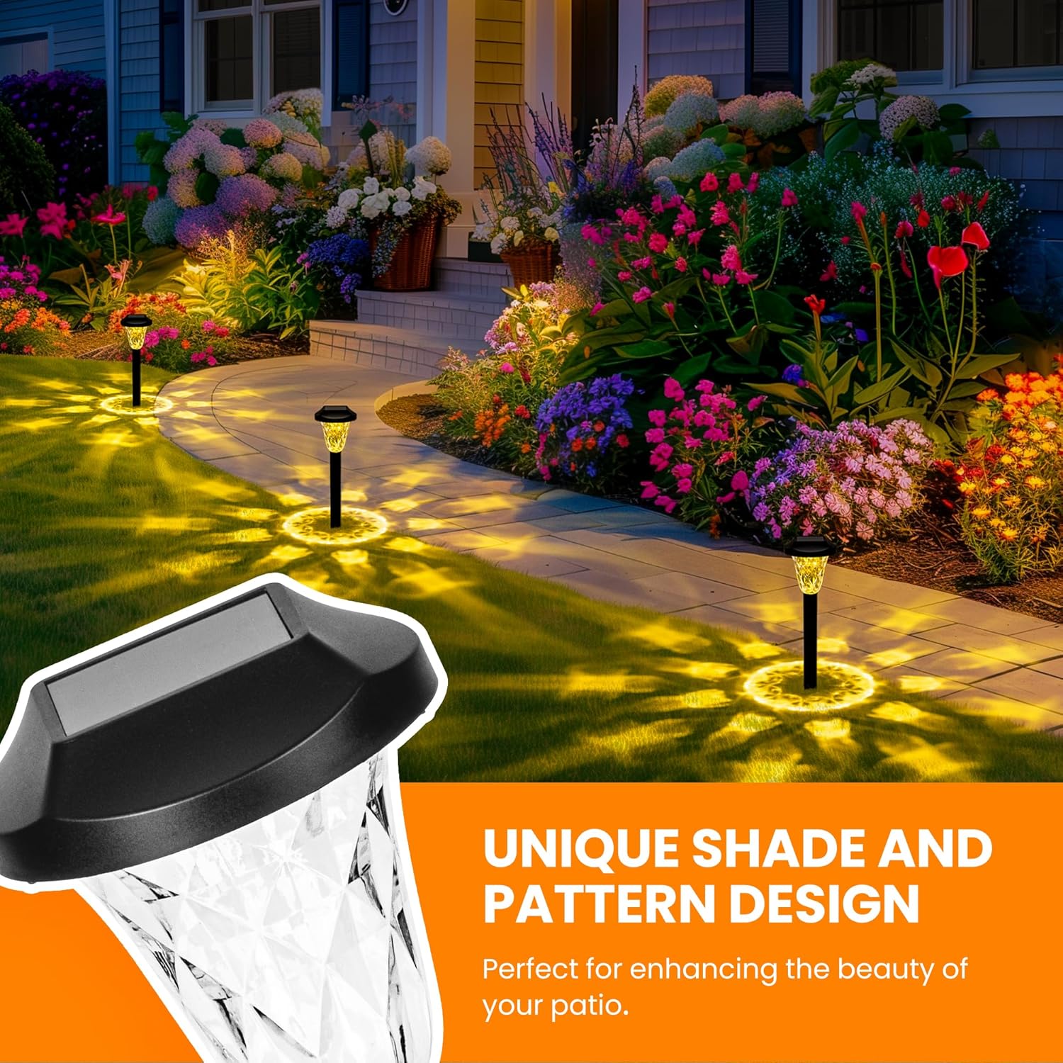 Solar-powered garden lights illuminating a garden with flowers and a pathway, with an inset showing the product packaging.