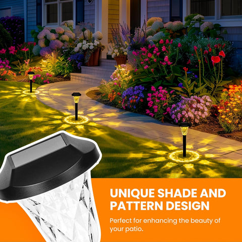 Solar-powered garden lights illuminating a garden with flowers and a pathway, with an inset showing the product packaging.
