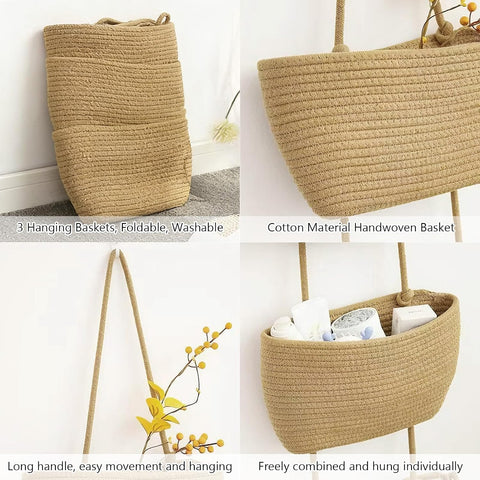 TFLPUO 3-Tier Hanging Storage Baskets, Khaki Cotton Rope Woven Door and Wall Organiser for Bedroom, Bathroom, Kitchen and Nursery
