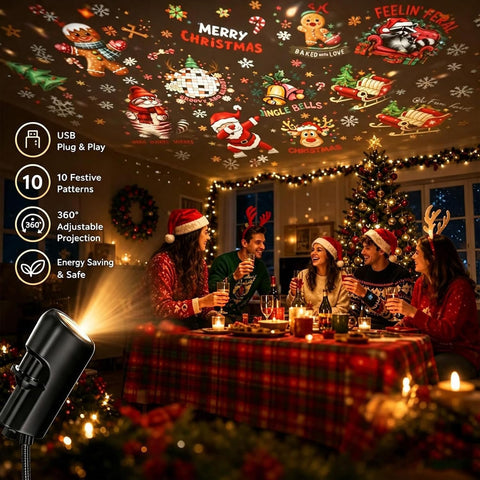 FYKTIK Christmas Projector Lights – Plug & Play HD Christmas Projector with 10 Festive Projection Films, 360° Rotating USB Night Light for Walls & Ceilings, Bedrooms & Parties