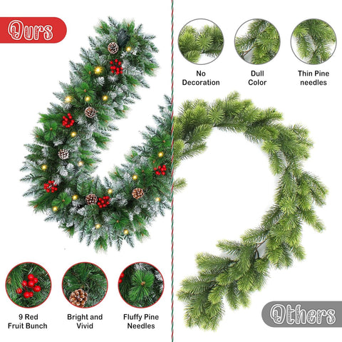 Pre-lit Artificial Christmas Garland 9Ft Green with Red Flowers