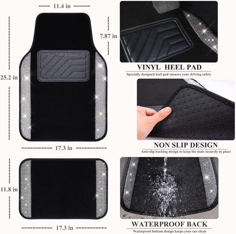 CAR PASS Bling Diamond Car Floor Mats – 4pcs Black Silver Universal Fit