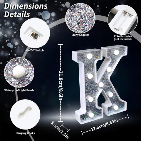 Letter K Style LED Marquee Lamp, Silver Glitter Light Up Letter Sign, Battery Powered Tabletop Decorative Marquee Light with On/Off Switch for Wedding, Birthday, Party and Home Decor