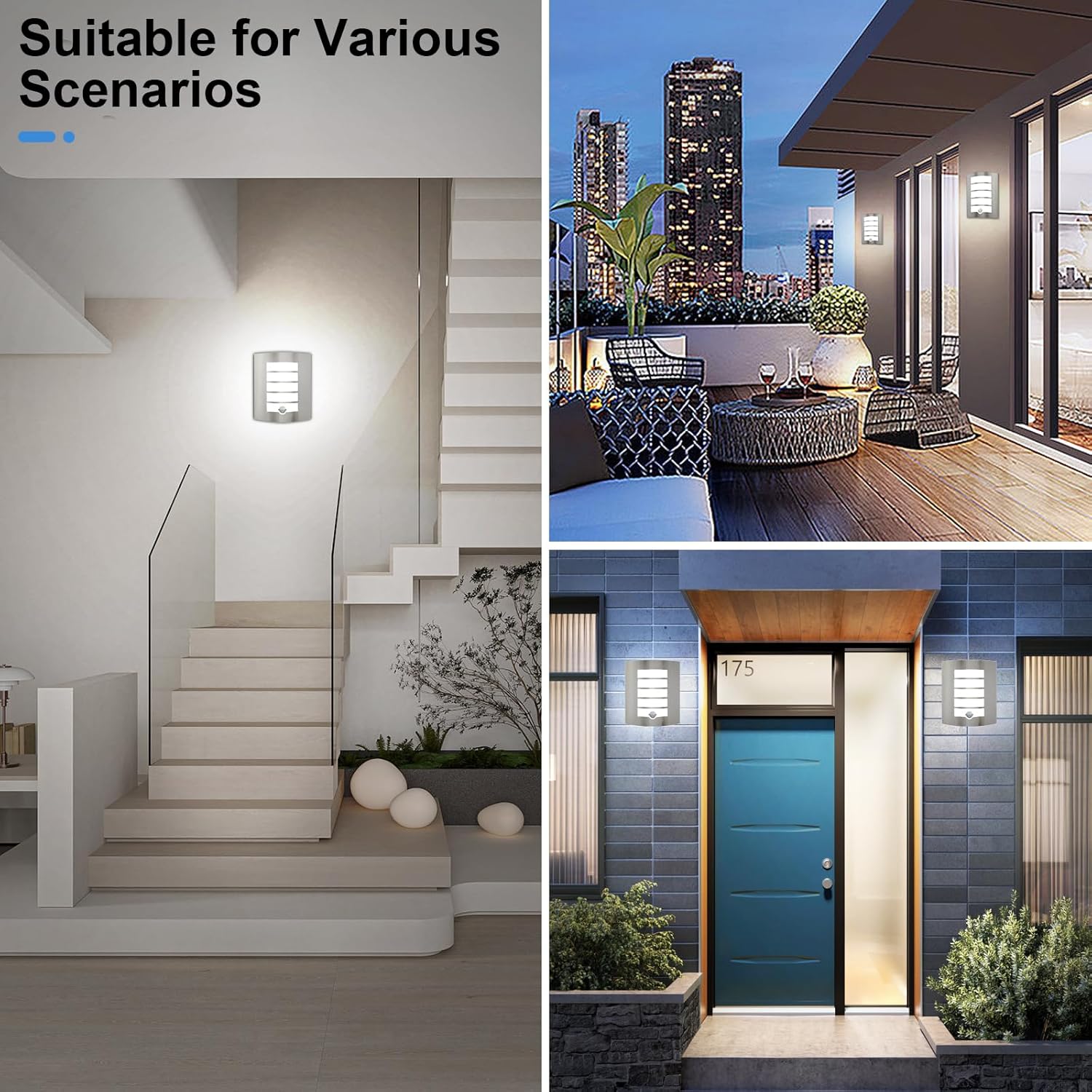 Collage of outdoor lighting fixtures in various settings including a staircase, patio, and front door.