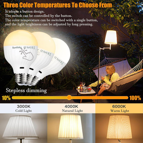 2pcs USB-C Rechargeable LED Bulbs with Remote, E27 3-Color Dimmable (3000K/4000K/6000K), 2600mAh Camping Lights with Timer & Hook