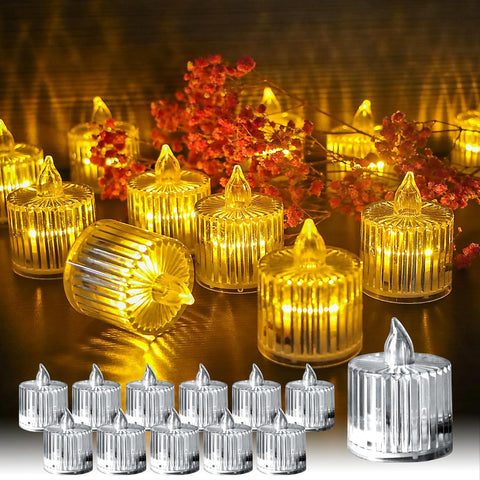 12PCS LED Tea Light Candles, Flameless Roman Column Crystal Tealights, Battery Included, Warm White Flickering Light for Wedding & Party Decoration
