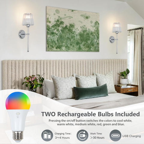 Battery Operated Crystal Wall Lights Set of 2 with Remote USB Rechargeable