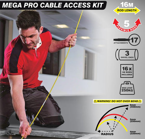 Super Pro 16M Cable Access Rod Set 17Pc Attachments Electrical Wire Puller Fish Tape Kit – 16 x 1M Fibreglass Rods With Storage Case
