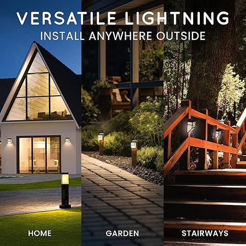 Bright LED solar wall light illuminating a garden pathway

