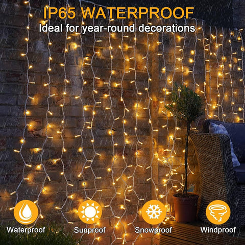 Yowin 600 LED Curtain Lights 6m x 3m Warm White Plug-In Christmas Fairy Lights – Transform Windows, Garden Fences & Party Spaces into a Soft Glow of Festive Magic