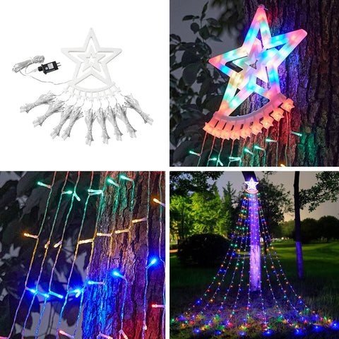 Christmas Tree Lights 350 LED Outdoor Waterfall Fairy Lights with Star Topper (Colourful)