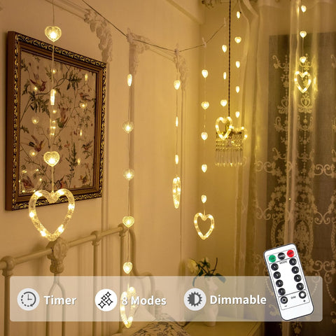 Heart Curtain Lights 9.8ft, USB Plug-In LED Heart String Lights with Remote & Timer, Warm White Valentine’s Day Window Lights for Bedroom & Room Decor