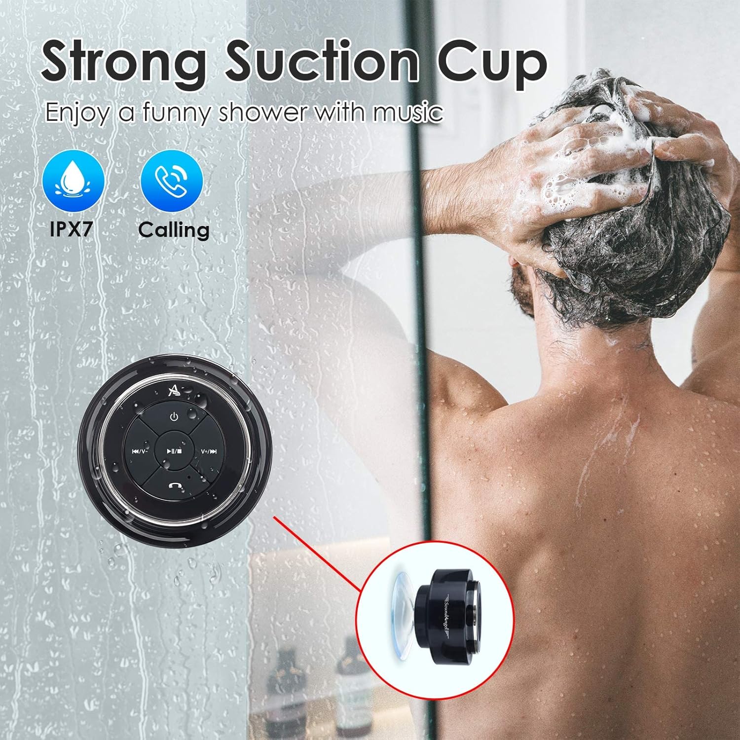 Shower head with strong suction cup and Bluetooth speaker, featuring IPX7 rating and calling function, with a person using it in the shower.
