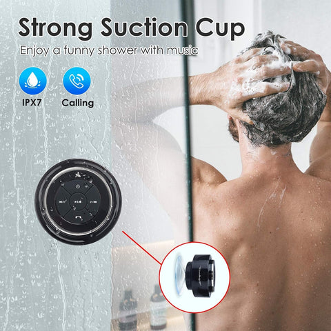 Shower head with strong suction cup and Bluetooth speaker, featuring IPX7 rating and calling function, with a person using it in the shower.