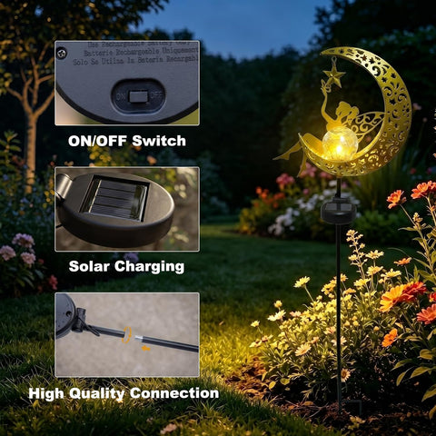 Solar Lights Outdoor Garden, Solar Moon Fairy Lights with Crackle Glass Globe, Garden Ornaments Lights Solar Powered Waterproof for Patio, Yard, Pathway & Lawn, Unique Gardening Gifts for Women
