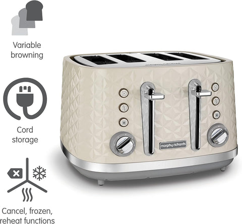 Morphy Richards Vector 4 Slice Toaster 1800W – Cream High Gloss Geometric Design with Variable Width Slots, Defrost, Reheat & Crumb Tray