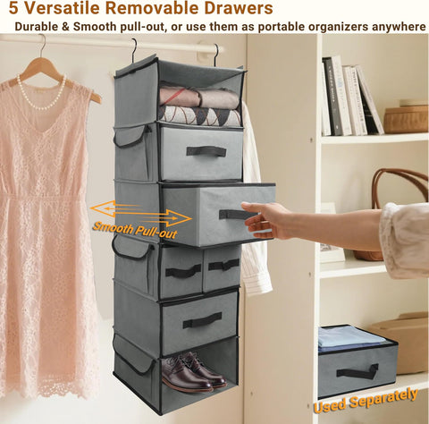 6-Tier Hanging Wardrobe Organiser with 5 Removable Drawers & 3 Side Pockets – Heavy-Duty Fabric Storage Shelves