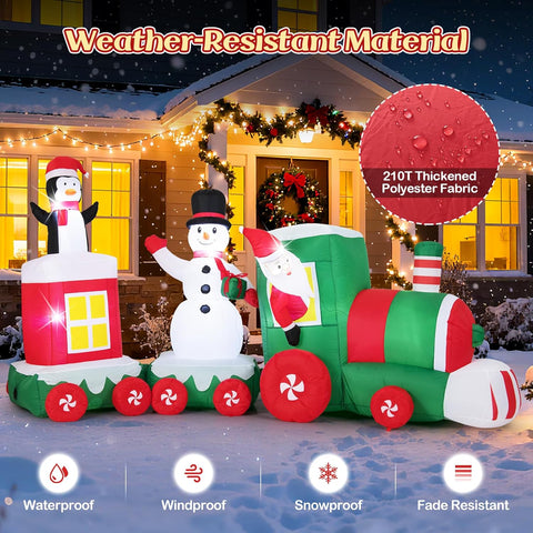 COSTWAY Inflatable Christmas Santa Claus on Red & Green Train – Built-in LED Lights, Self-Inflating Blow Up Xmas Decoration for Indoor Outdoor
