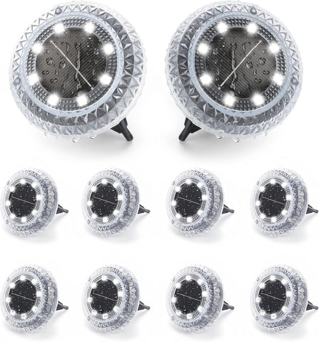 Solar Lights Outdoor Garden - 10 Pack Solar Ground Lights, 8 LED White Solar-Powered Disk Light Outdoor, IP65 Waterproof Landscape Lighting for Garden Pathway Lawn Patio Yard