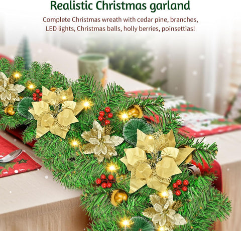 9FT Gold Christmas Garland with LED Lights – Festive Indoor Outdoor Decor