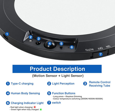 Battery Powered Ceiling Light with Remote – Rechargeable Motion Sensor LED, 3 Color Dimmable, Magnetic Mount
