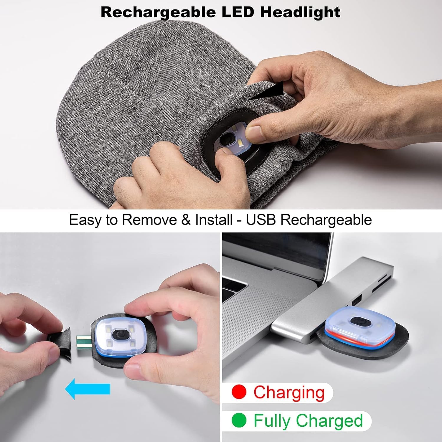 Rechargeable LED headlight with USB charging cable, showing installation and charging process.