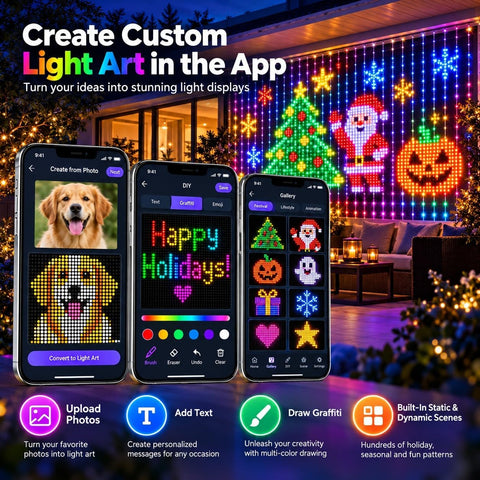 Laspi Smart LED Curtain Lights Christmas 1.6 x 1.6m with 256 RGB LEDs, Bluetooth App & Remote Control - Turn Any Wall Into a Glow-Up Worth Staying In