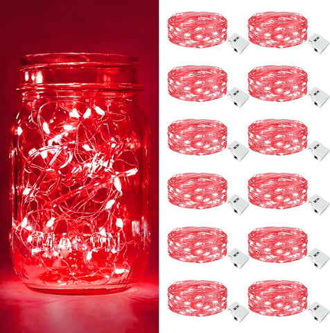 12 Pack Battery Operated Red Fairy Lights 2M with 20 LEDs, Waterproof Mini String Lights with 3 Lighting Modes