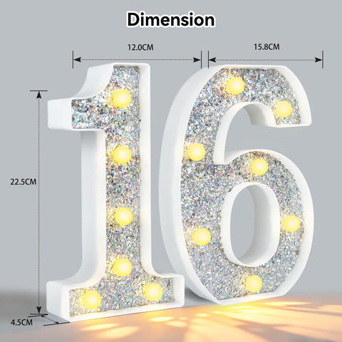 Silver Glitter LED Number Light – 8.86 Inch Marquee Number 16