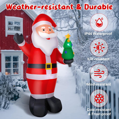 Inflatable Santa Claus holding a Christmas tree in a snowy outdoor setting with weather-resistant features highlighted.