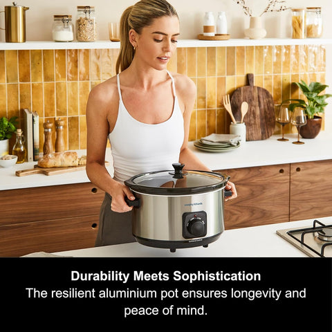 6.5L Silver Slow Cooker with Ceramic Pot, 3 Heat Settings, Easy Clean, Brushed Steel Family Cooker 461013