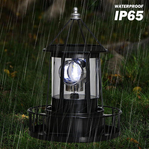 Solar Lighthouse Lamp Auto 360° Rotation Lighthouse Light Waterproof Decorative Metal Solar Garden Lights for Balconies Garden Decorations 5.9x8.3 Inch Black, Pathway Lighting
